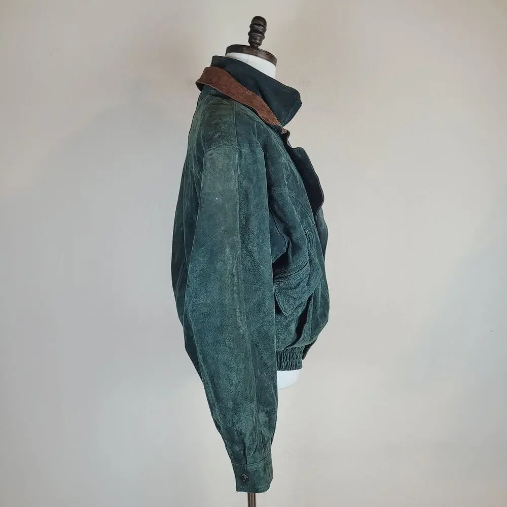 Vintage Green Suede Jacket Men Small Bomber Leather Trim Zip 90s Double Breasted